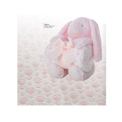 PELUCHE CONEJO ROSA 28CM CON MANTA CORALINA 100*75CM