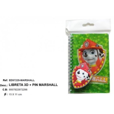 LIBRETA 3D + PIN MARSHALL - PAW PATROL 15 X 11CM